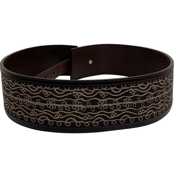 Coldwater Creek Wide Leather Embroidered Western Hip Belt Gold-Tone Ring Buckle - Picture 3 of 4